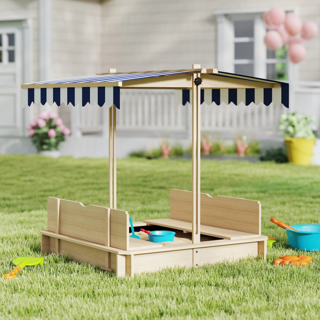 Sabbiera per Bambini in Legno con Tettuccio e Panca ¨C zephmum ¨C 106x106x115 cm Bianco e Blu