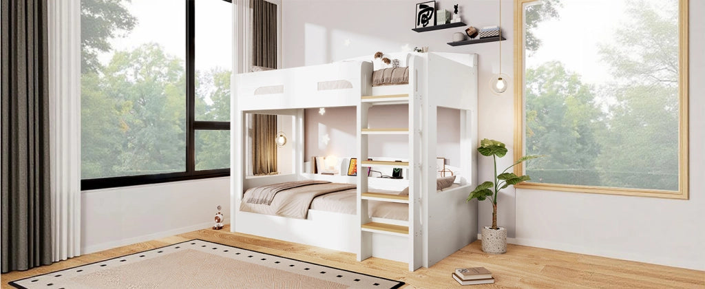 Letto a castello 90 × 200 cm con presa USB e ripiani laterali in legno e MDF per cameretta