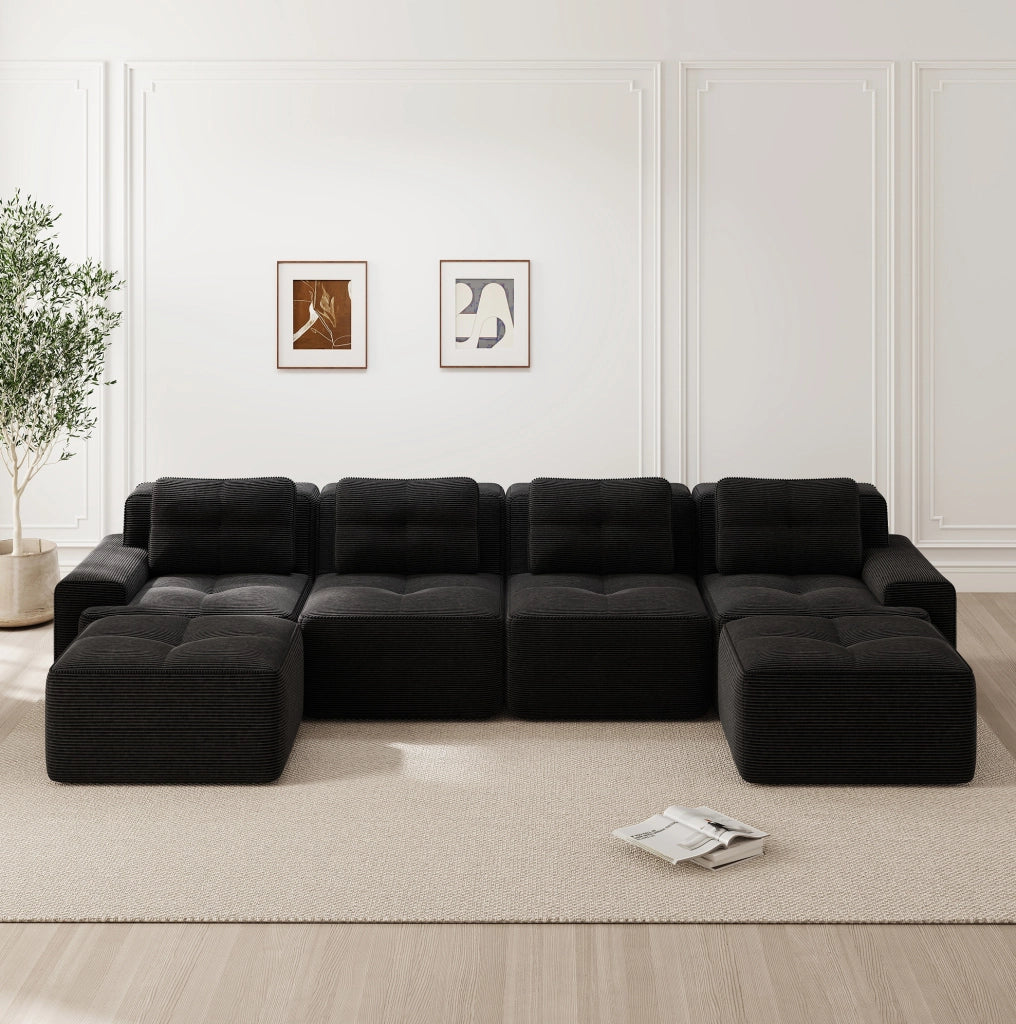 Divano modulare 4 posti con chaise longue a U 382x177x69 cm in velluto a coste nero