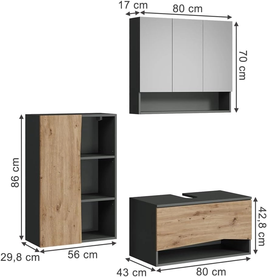 Set di mobili da bagno Willow, Artigiano, 80 cm, composto da mobile sottolavabo, specchiera e mobile medio