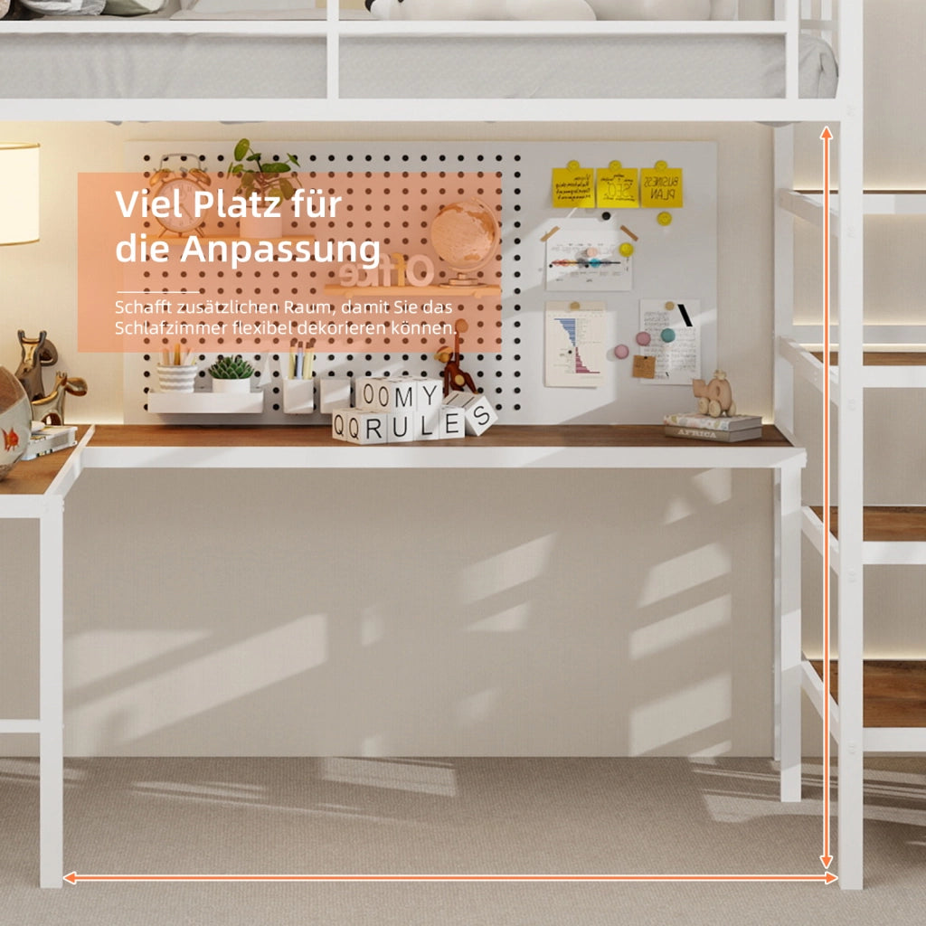 Letto a castello bianco con scrivania ad L funzione contenitore in ferro 90x190 cm