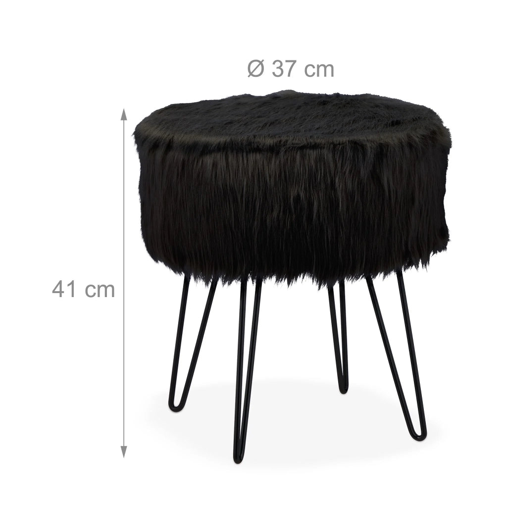 Elegante sgabello da terra rotondo 40 x 40 x 45 cm comoda seduta in pelliccia sintetica nera 13_0012794