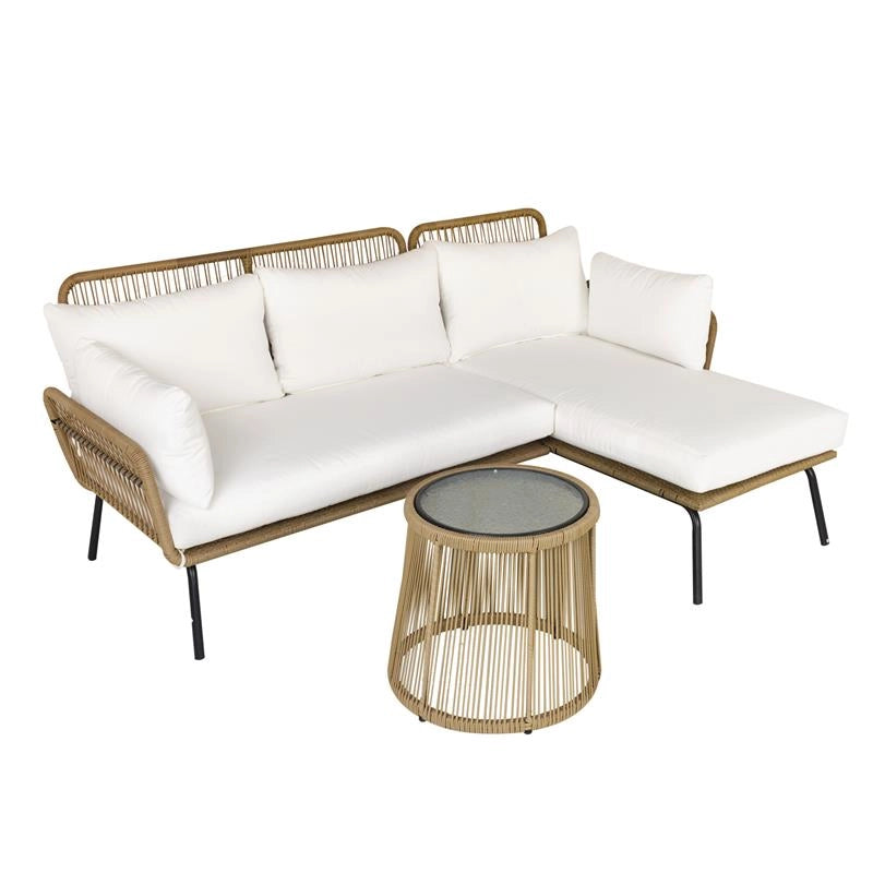 SET 3 PEZZI DIVANO 2 POSTI CHAISE LONGUE E TAVOLINO BEIGE E CAFFÈ