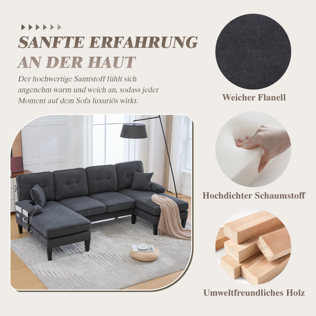 Divano a U a 4 posti in tessuto di lino con tasche laterali, porte USB tipo C e due chaise longue, grigio scuro