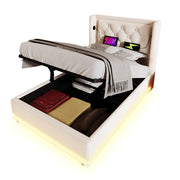 Letto Contenitore Letto Singolo 90x200 cm; USB; Type-C e LED 3 lati; in Cotone Beige