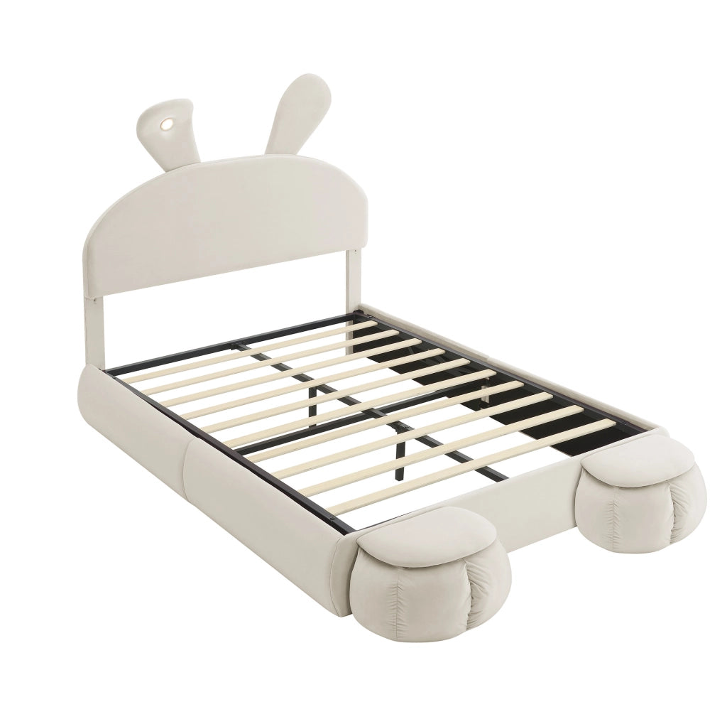 Letto imbottito 140x200 cm beige in velluto con contenitore e LED