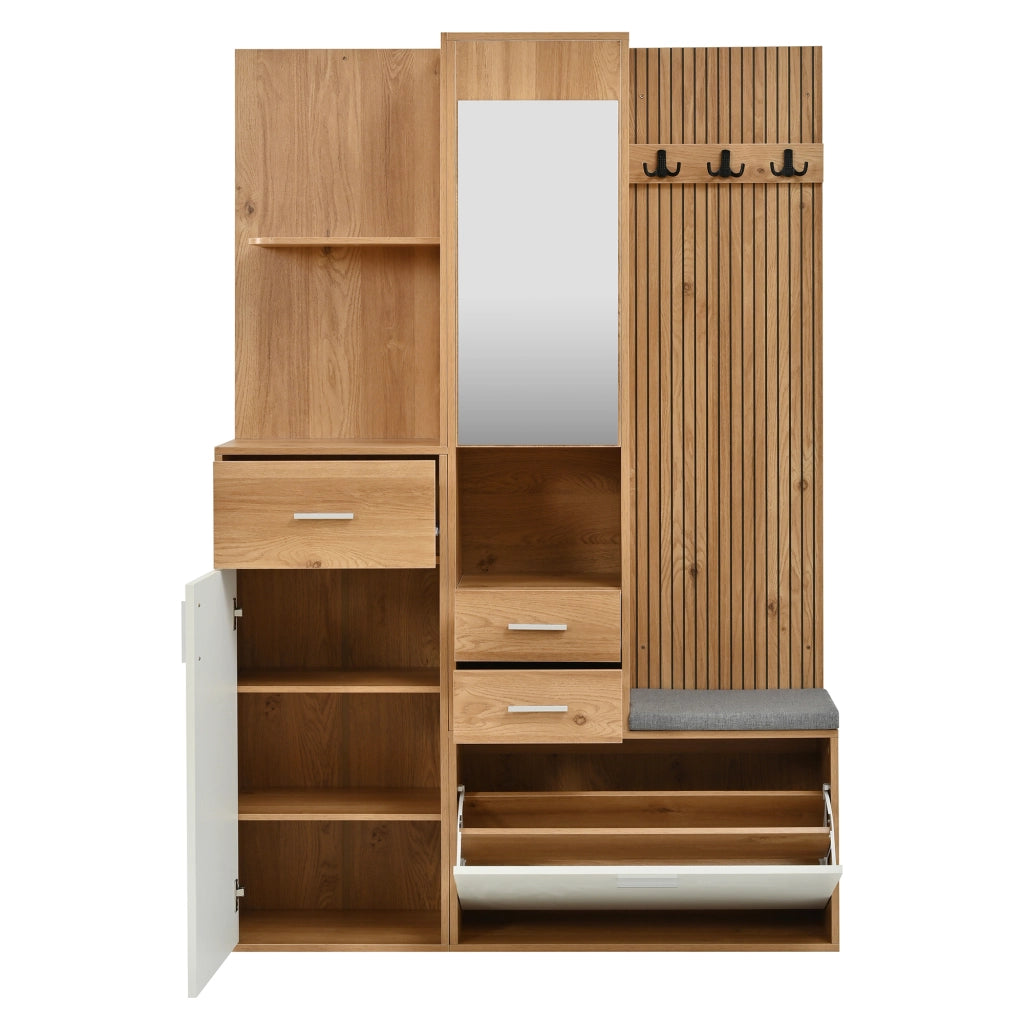 Guardaroba da ingresso multifunzione con specchio; panca; 2 cassetti; LED con app; 120 × 32 × 178 cm