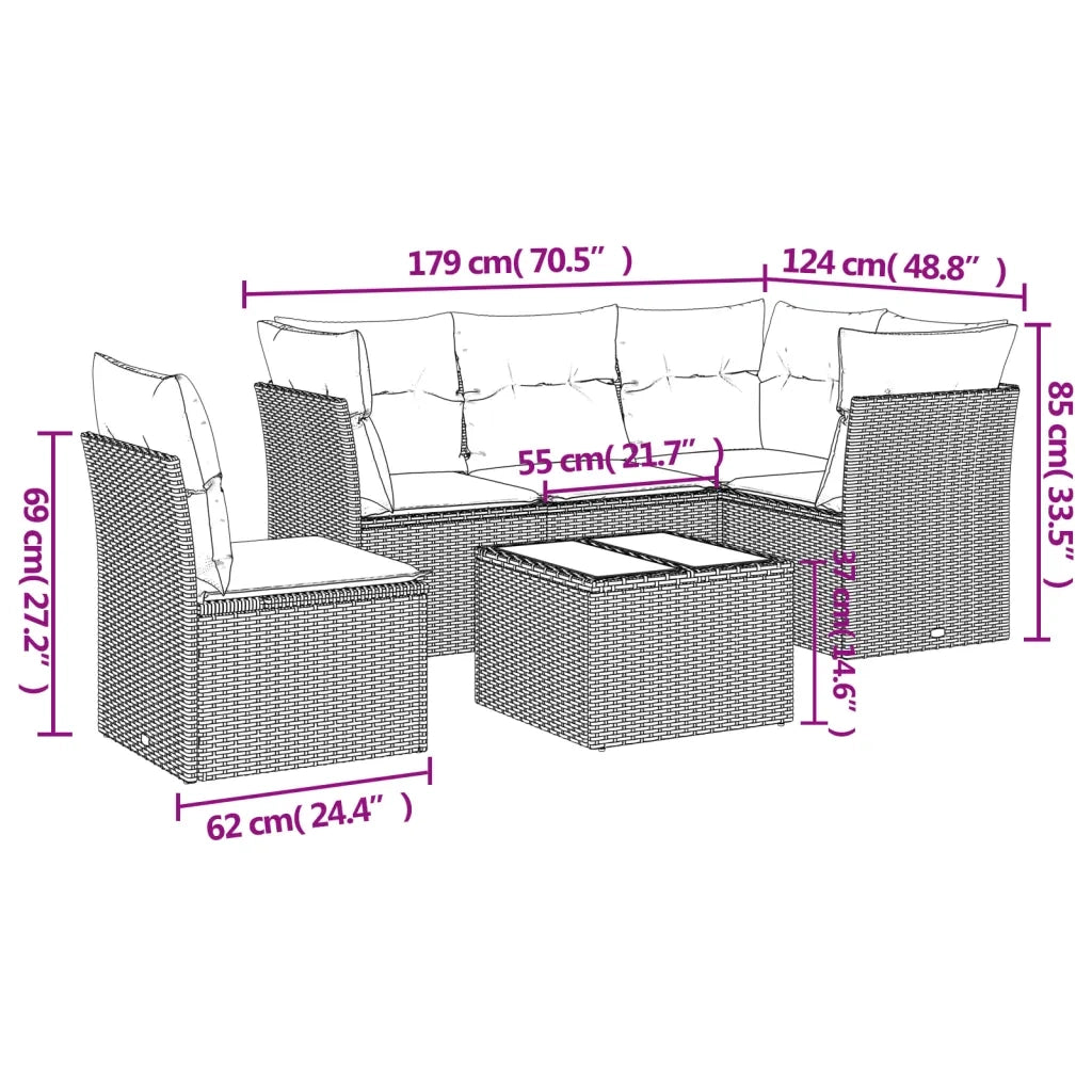 Set Divano da Giardino 6pz con Cuscini Grigio Chiaro Polyrattan