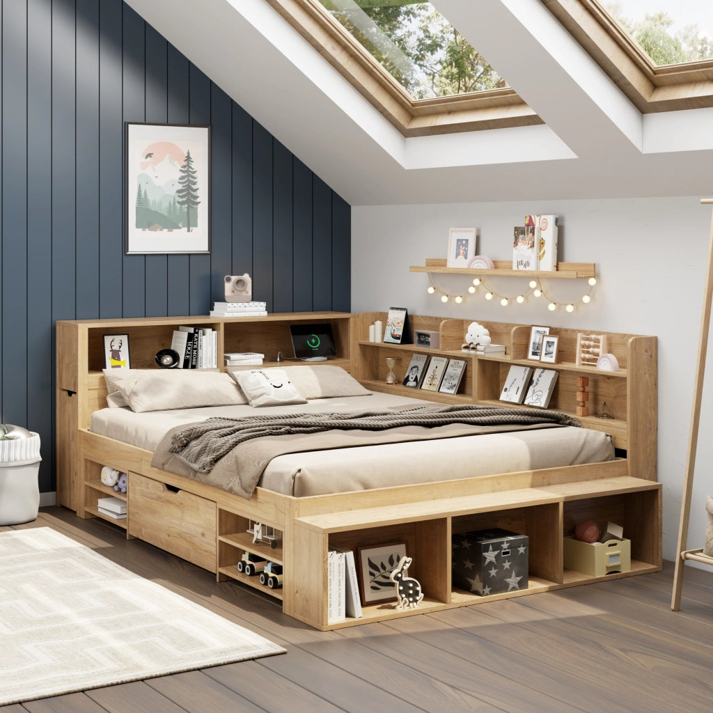 Letto Singolo 140x200 cm con Cassetti; Mensole e Contenitori - in Multistrato - Naturale
