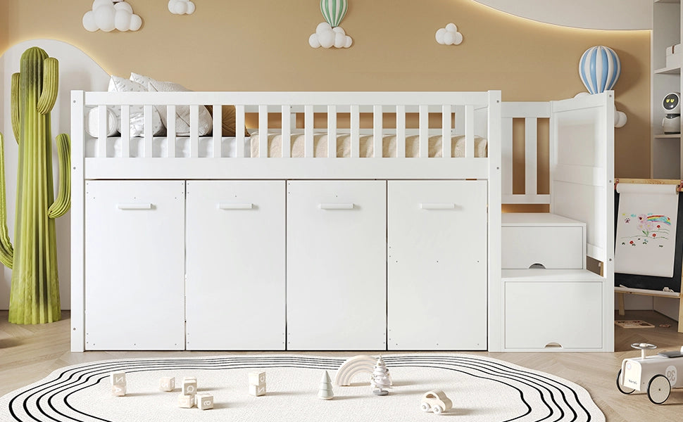 DESMIU Letto a castello 90 × 200 cm 2 posti con scrivania, armadio e vani, senza materasso, bianco
