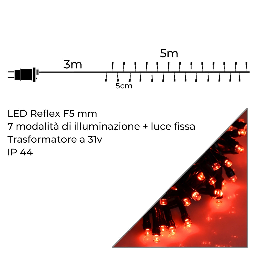 CATENA LUMINOSA NATALIZIA CON 100 LED ROSSI SU CAVO VERDE - PERFETTA PER ADDOBBI ALBERO DI NATALE E DECORAZIONI FESTE