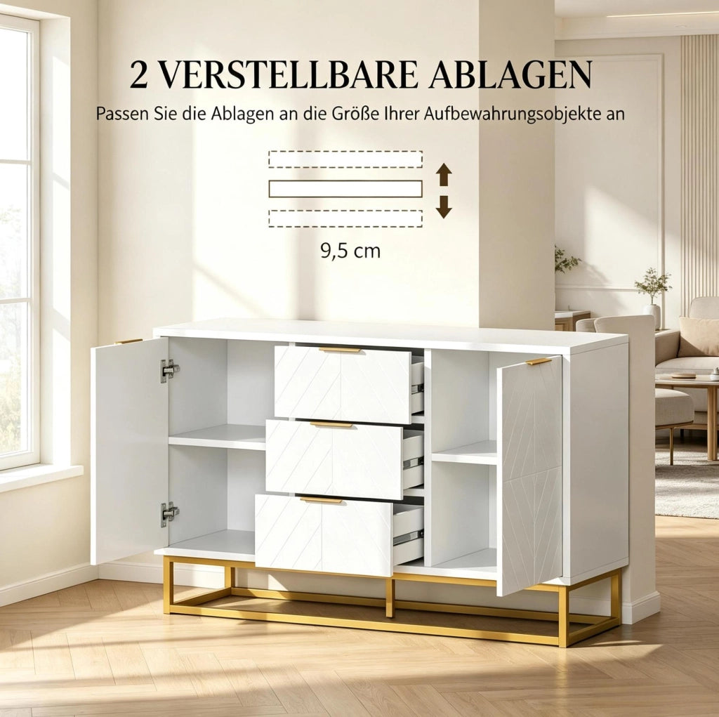 Credenza 120x40x76 cm bianca e oro in MDF e metallo， con cassetti e ante