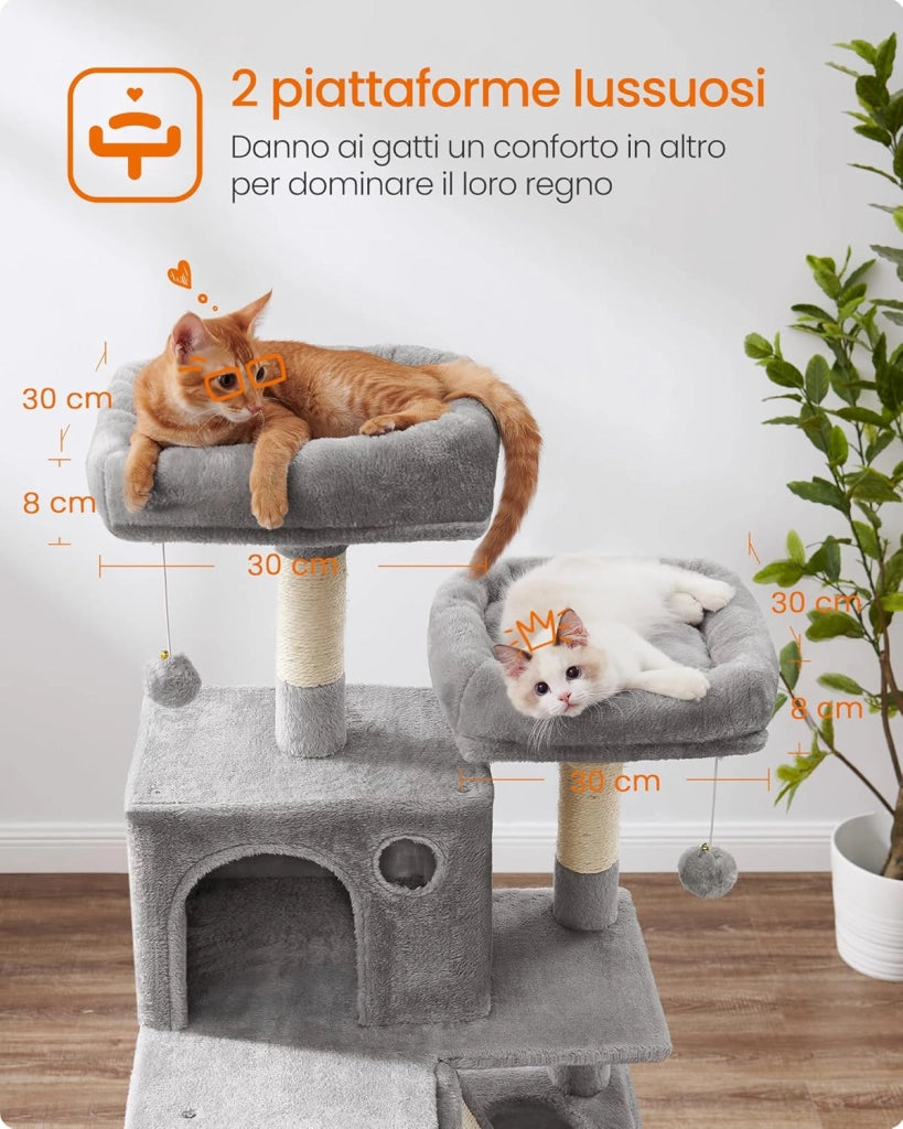Feandrea Albero per Gatti, Alto 168 cm, Tiragraffi per Gatti con 13 Graffiatoi, 2 Posatoi, 2 Grotte, Cesto, Amaca, Pompon, in Peluche a Più Livelli per Interno, Grigio Chiaro PCT165W01V1