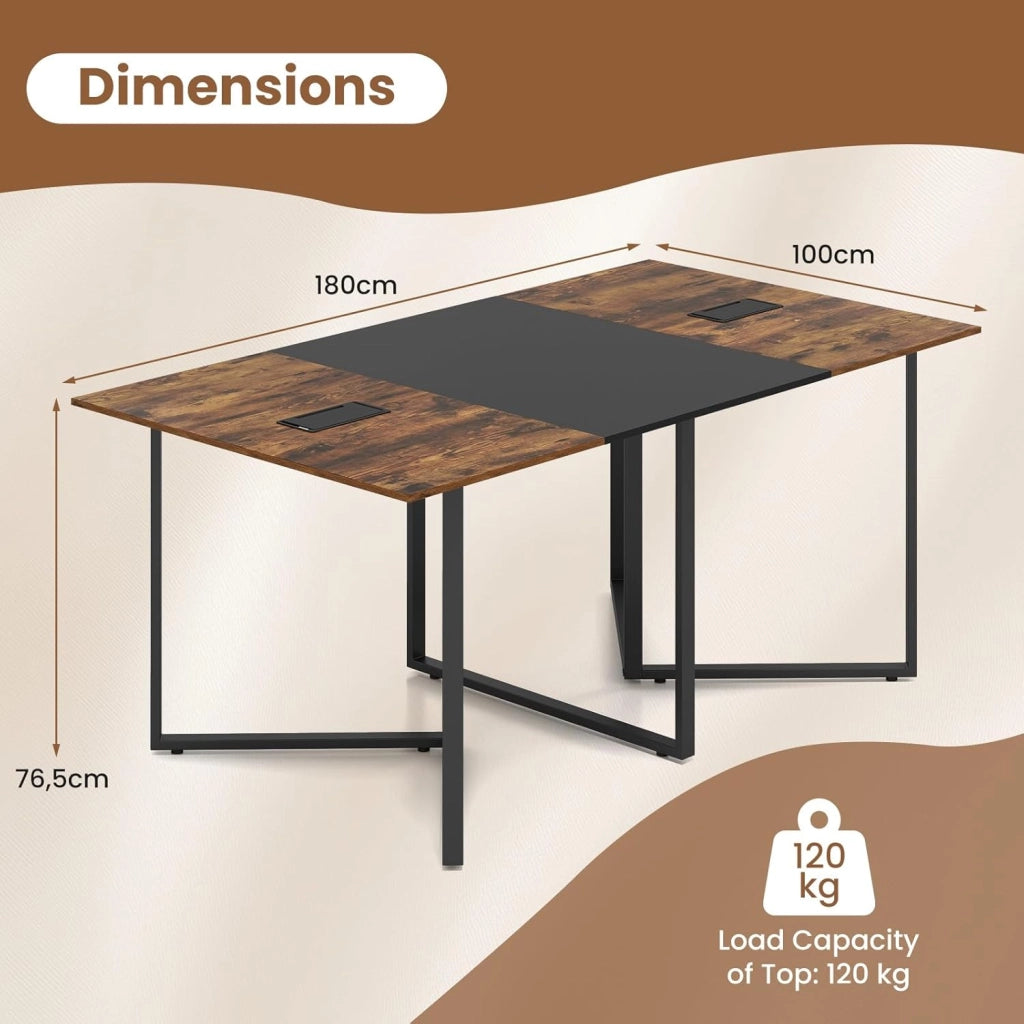 Tavolo da Conferenza 180 cm per 6-8 Persone, Tavolo Riunione Rettangolare con 2 Passacavi, Struttura Metallica, Portata 120 kg, Stile Industriale, per Sala Riunioni, Ufficio