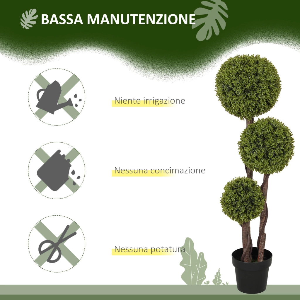 Pianta di Bosso Artificiale 115A cm a 3 Sfere con Vaso Incluso Verde