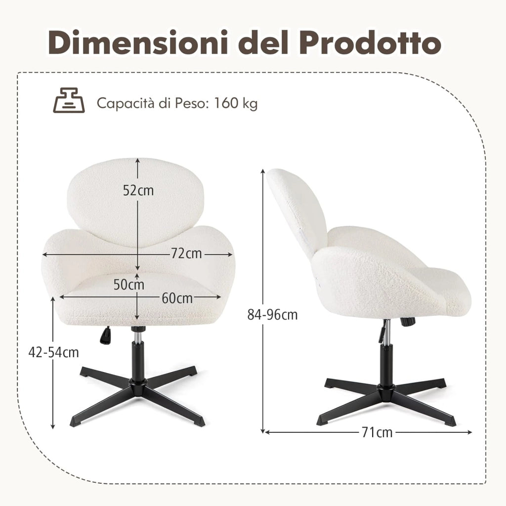 Sedia Girevole a Gambe Incrociate, con Altezza Regolabile, Sedia Scrivania con Base Metallica, Seduta Ampia da Scrivania, Ideale per Ufficio a Casa, Camera da Letto, Portata 160 kg