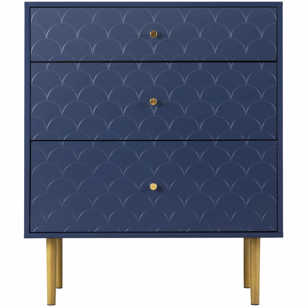 OKWISH Comò con 3 Cassetti, Frontale con Motivo a Scaglie e Gambe in Metallo, Legno e Metallo, Blu Navy, 75 x 40 x 89 cm