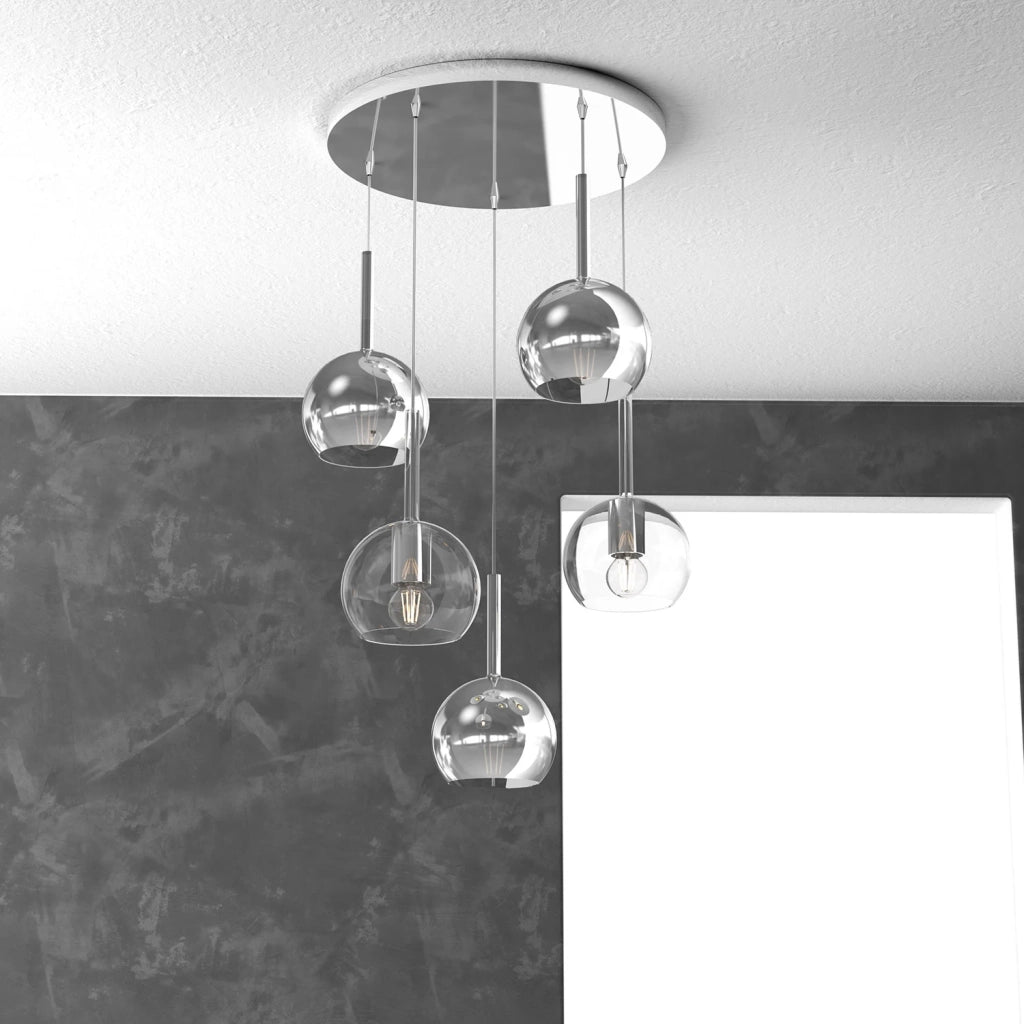 Lampadario Contemporaneo Future Metallo Cromo Vetro Trasp-Cromo 5 Luci E27