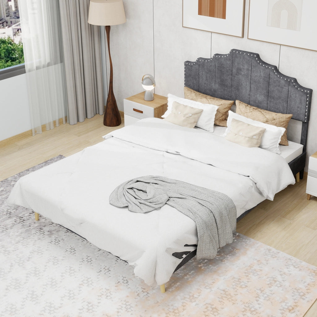 Letto 160x200 cm con Testiera Geometrica; Struttura in Tessuto e Metallo; Grigio