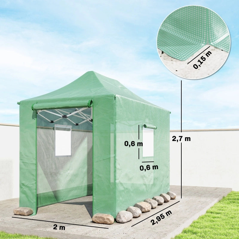 Serra pop-up pieghevole con tetto a punta e porte/finestrini avvolgibili, 295x200x270 cm, verde