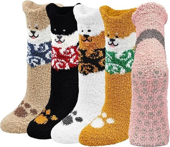 5 paia calze anti-scivolo morbidi per donne: extra spessi e caldi, comodi, imbottitura di fleece morbido, disegno gatto, misure europee 35-41