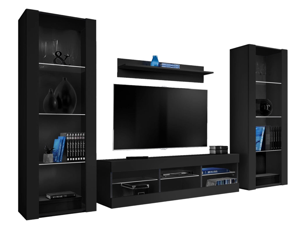 Set di mobili porta TV Tivoli Grande, Komodee, Nero, Senza LED, Larghezza 250 cm x Altezza 159 cm x Profondità 35 cm, Per soggiorno, Camera da letto