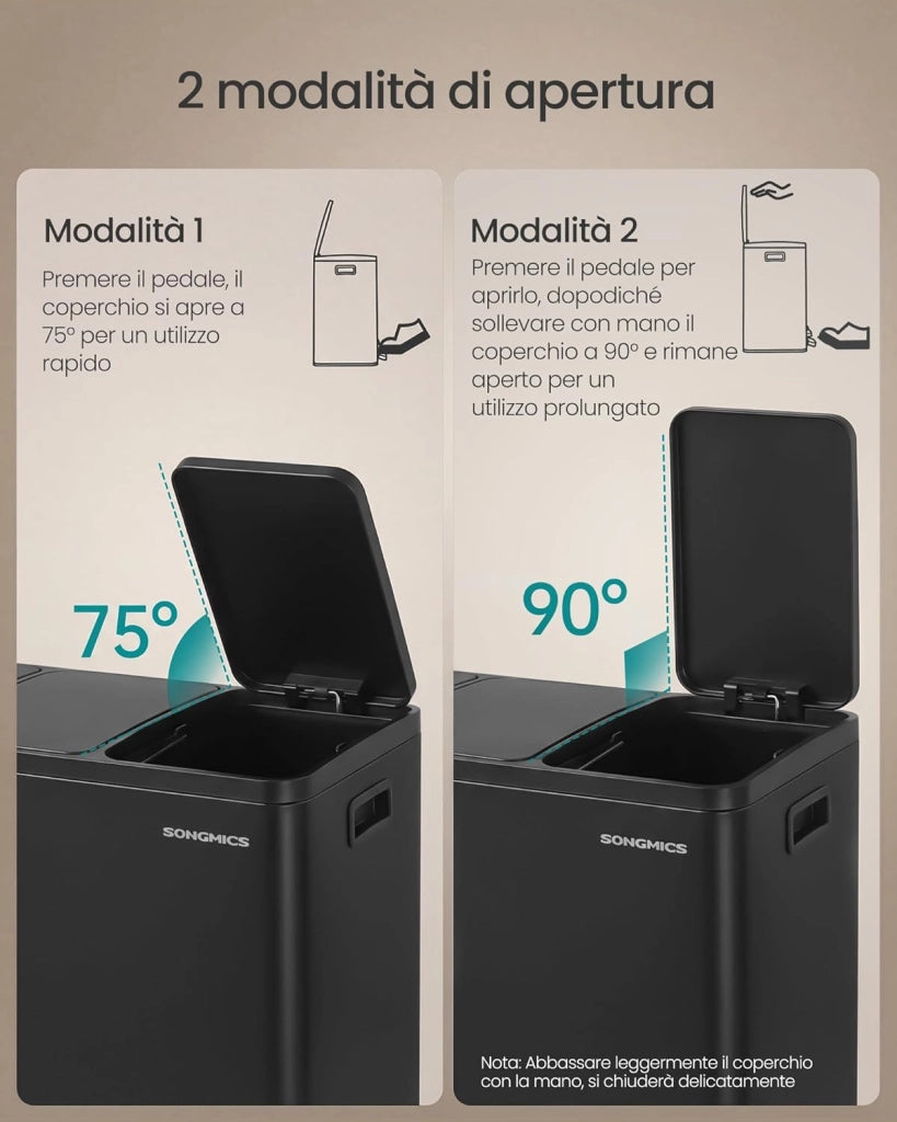 SONGMICS Pattumiera Cucina 3 x 15 L, Cestino per Raccolta Differenziata 3 Scomparti, 15 Sacchetti, Secchi Rimovibili, Coperchio, Maniglie, Chiusura Morbida, Acciaio, Nero Inchiostro LTB145BZ02