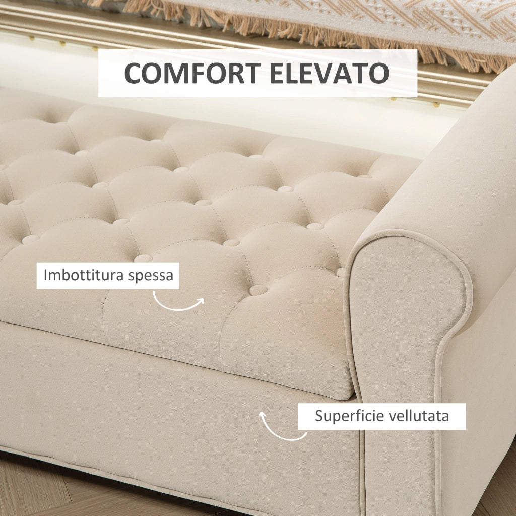 Panca Contenitore Fondoletto  126x48,5x57 cm con Braccioli Alti in Tessuto Effetto Velluto Beige
