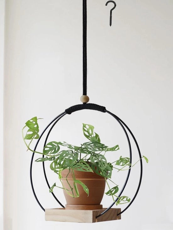 Sostegno per piante in legno - Sostegno macramé per piante appese - Per piante da appartamento - Sostegno per piante appeso per decorazione di muro - finestra - e camera - Nero - Non include pianta e contenitore