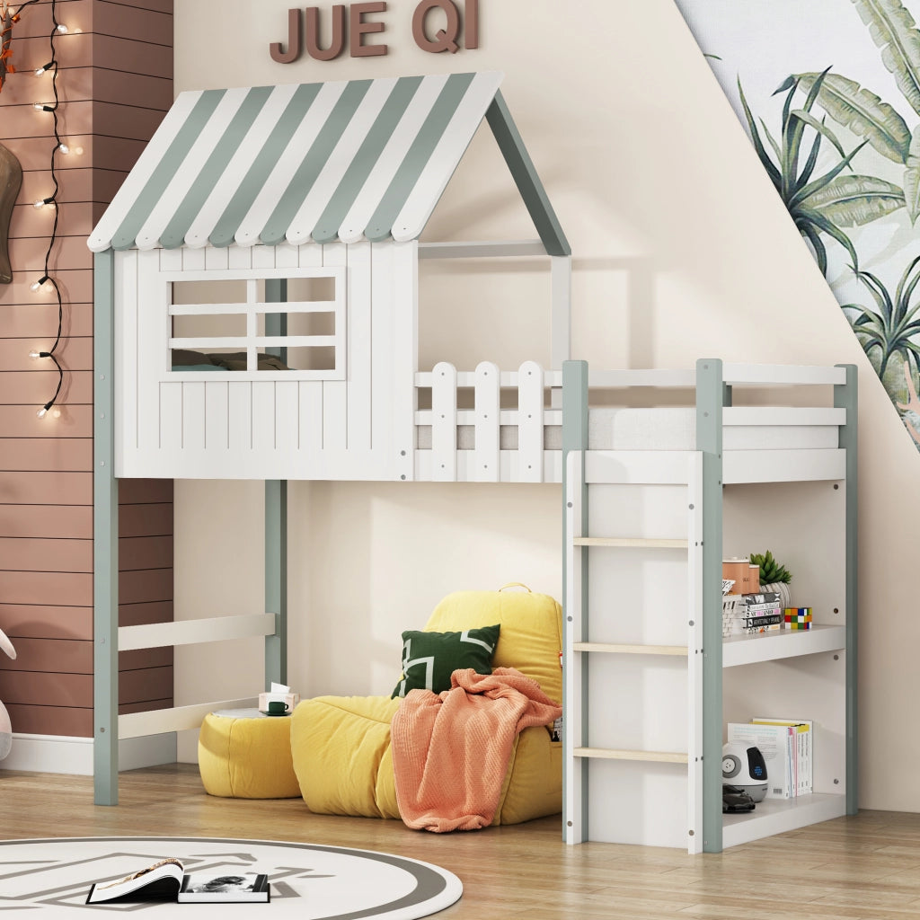 OKWISH Letto a Casetta 90×200 cm, Letto Singolo con Scala di Sicurezza, Contenitore e Sponda 30 cm, senza Materasso, Verde