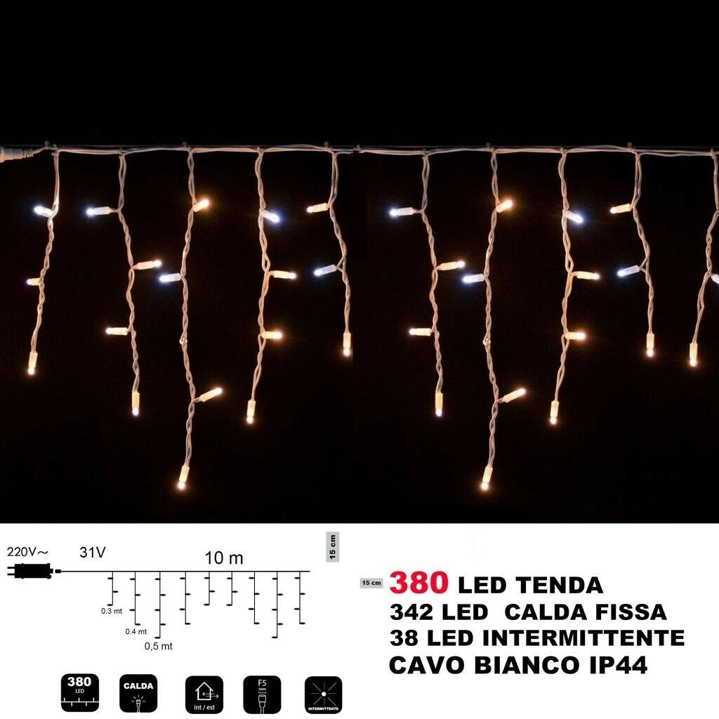 Tenda luminosa natale con 380 LED da 10mt prolungabile a luce calda fissa con flash bianchi intermittente per balcone facciate