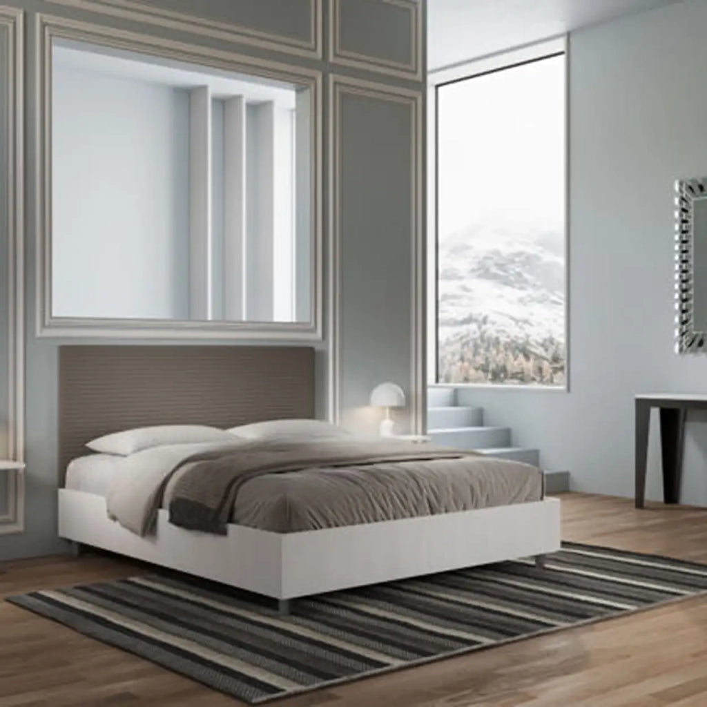 Letto matrimoniale contenitore doppia alzata 160x190 bianco frassino testata similpelle cappuccino Level