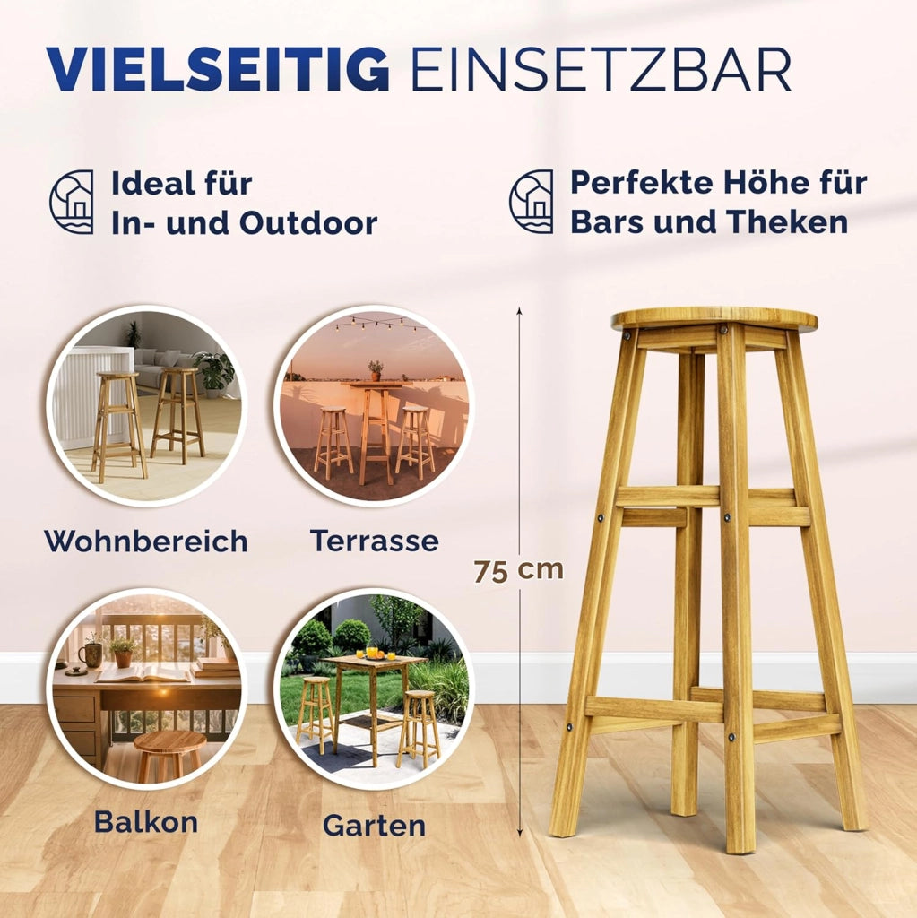 ® Set di 2 Sgabelli da Bar in Legno D'acacia Altezza 75cm Design Rustico Sedia da Cucina Sgabello Tondo Bancone Poggiapiedi