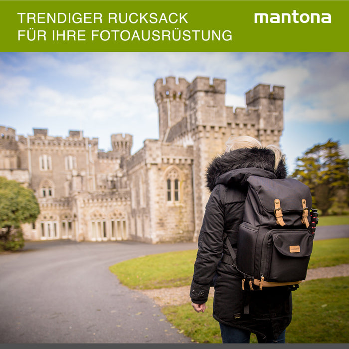Mantona Luis junior retro Zaino fotografico (con applicazioni in vera pelle, inclusa copertura antipioggia, organizzazione flessibile e scomparto per tablet per 1x fotocamera DSLR, 1-2 obiettivi) nero