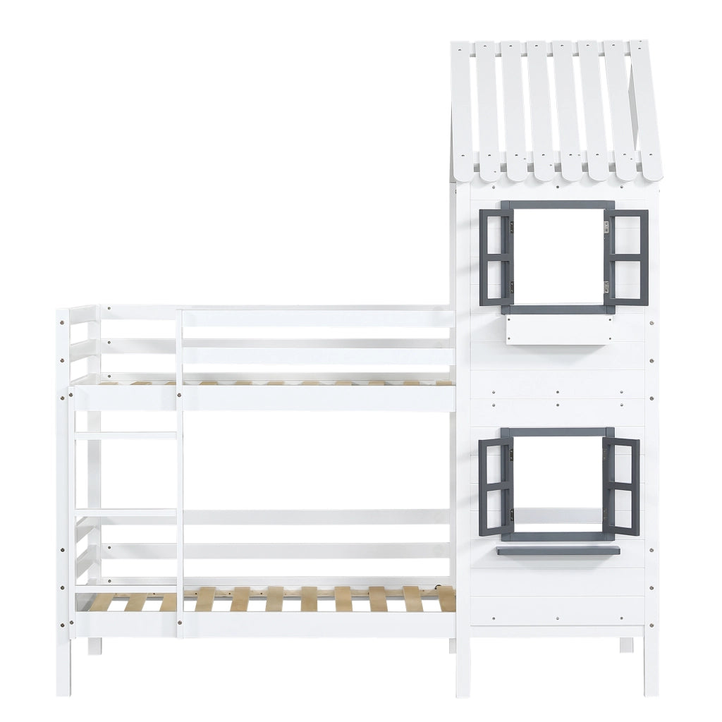 Letto a castello per bambini; 90x200cm; stile casa; con corrimano; finestra; protezione di sicurezza; bianco