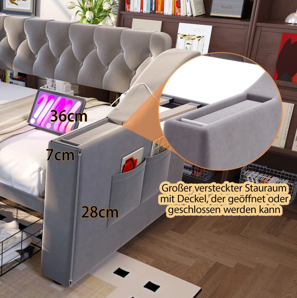 Divano letto imbottito 90x190 cm in velluto grigio chiaro; con 2 cassetti e porte USB/Type-C