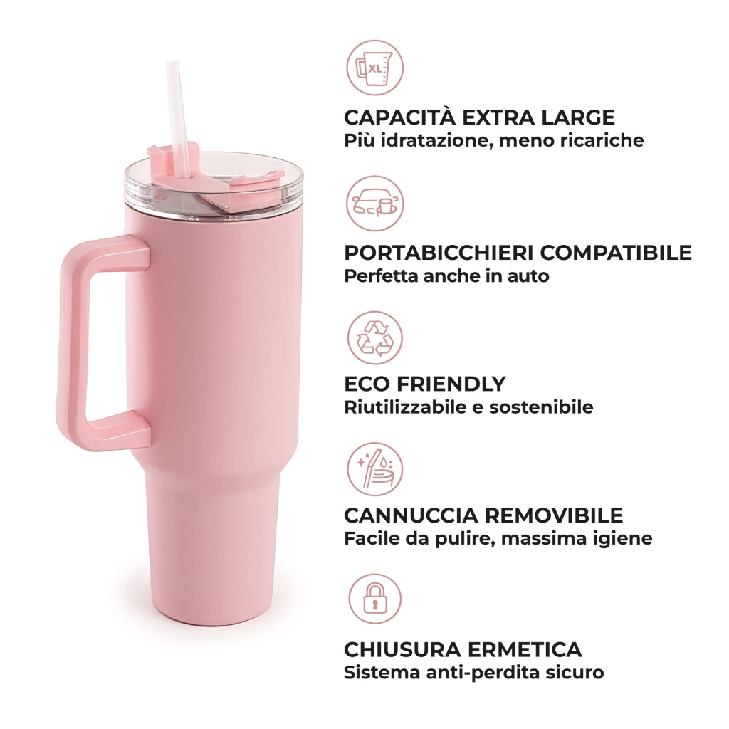 Borraccia Termica Americana 1200 ml in Acciaio Inox Doppio Strato Sottovuoto con Cannuccia e Manico – Smalto Antigraffio, Isolamento Caldo/Freddo, Coperchio Ermetico Rosa