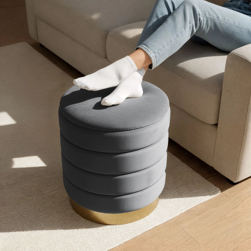 Pouf contenitore cilindrico in velluto 40 cm LUNA Grigio Scuro