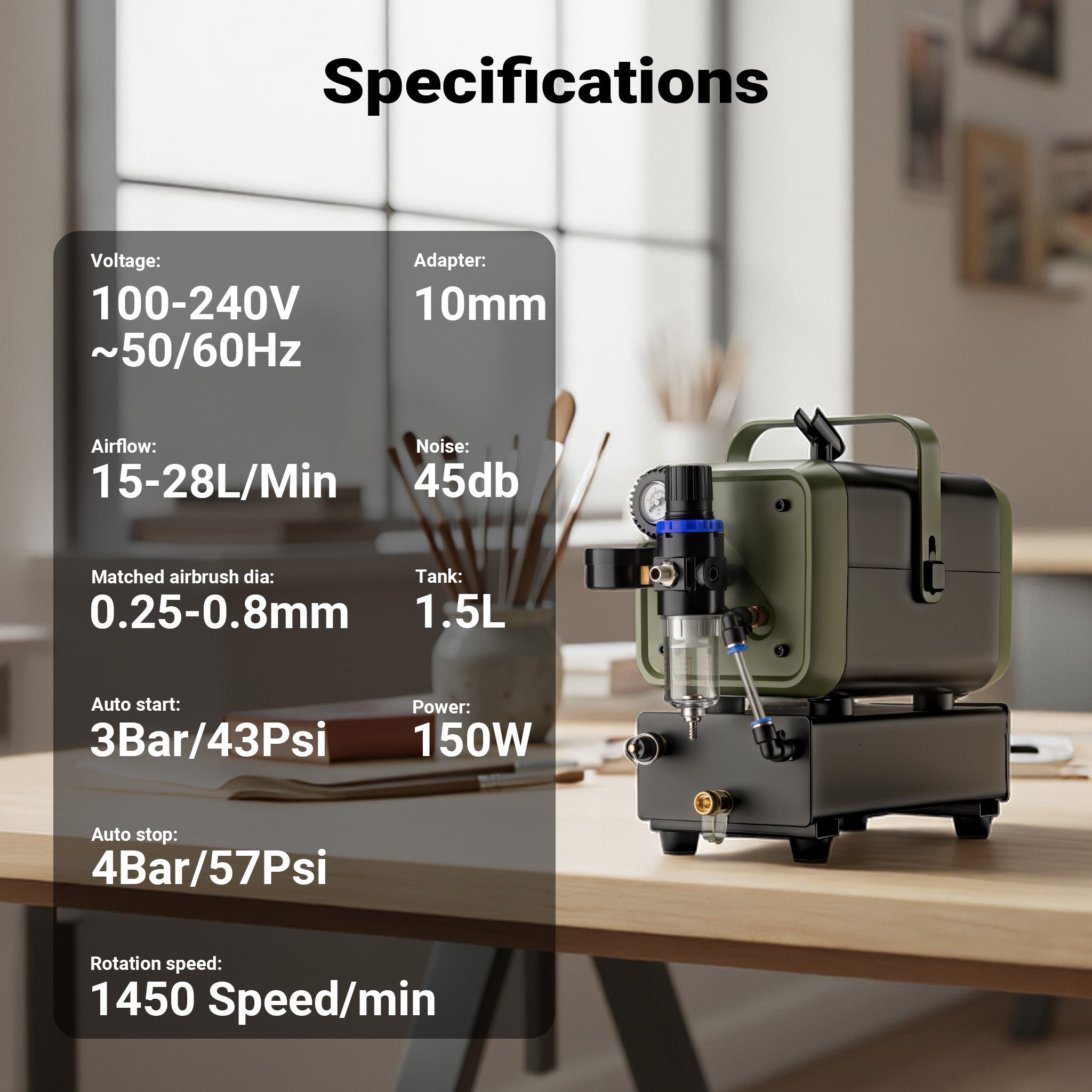 Compressore aerografo HS-679F 1/6 CV, dispositivo ad aria compressa 28 l/min, compressore per pistola aerografo con supporto e manometro, per decorazioni con aerografia