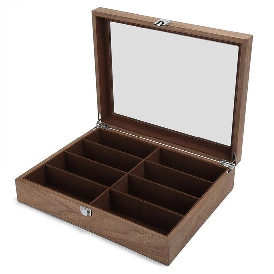 Cassa di archiviazione in legno con 8 ripiani - Vetrina per gioielli - Organizzatore di accessori - Copertura trasparente - Materiale duraturo