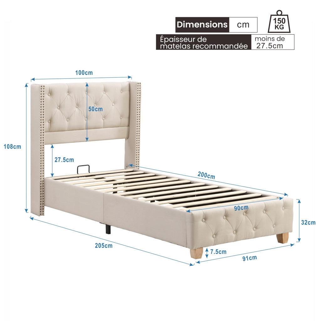 Letto Singolo 90 x 200 cm con Testiera Imbottita e Piedi in Legno; senza Materasso; Beige
