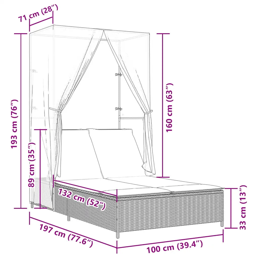 Lettino Prendisole Doppio Tetto e Tende Grigio in Polyrattan 368106