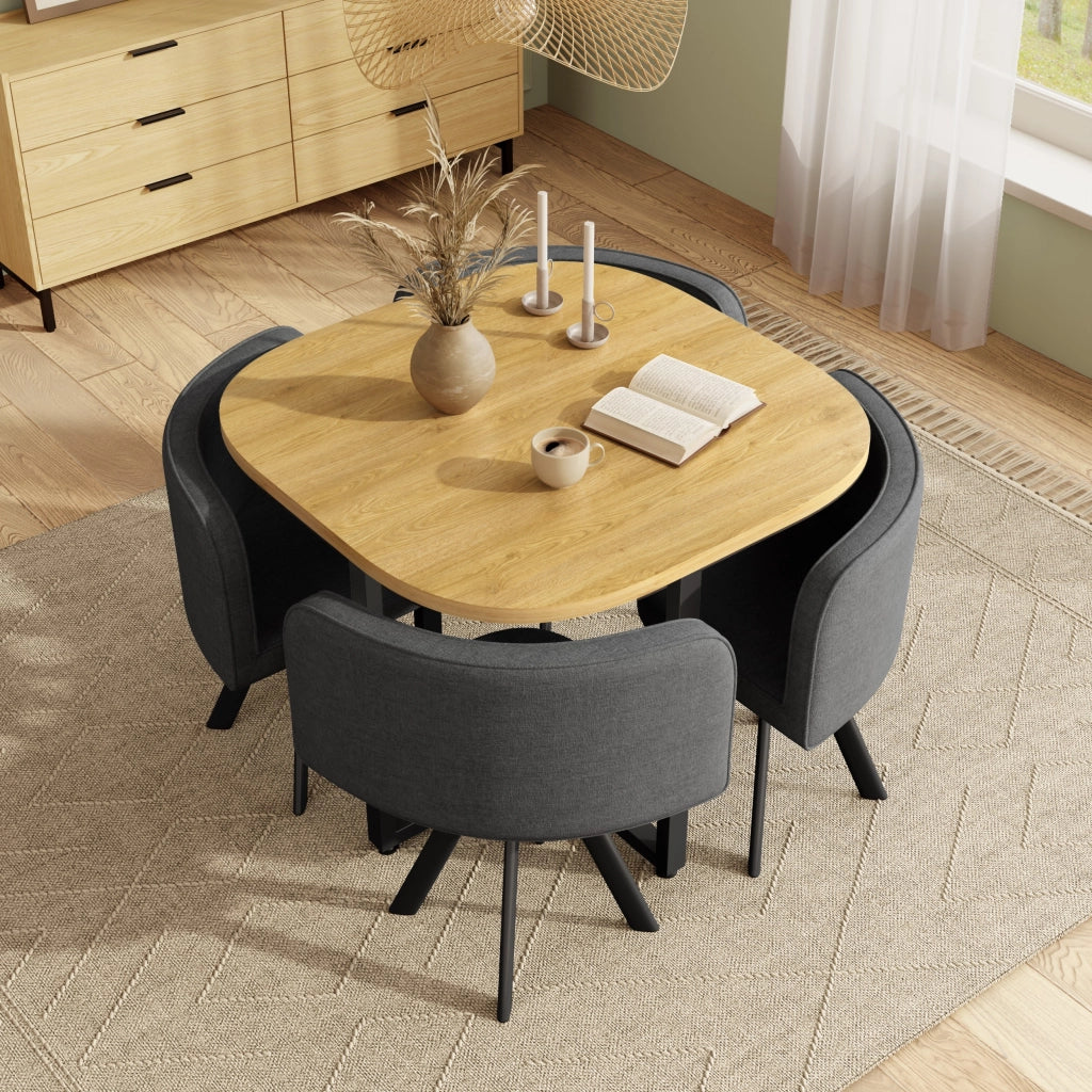 Set da pranzo composto da 4 sedie in lino e un tavolo (85 x 85 cm) con finitura effetto legno, color grigio