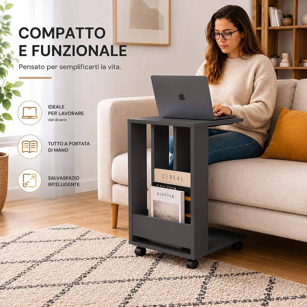 Tavolino Ausiliario Ruote Design Moderno Mobile Letto Divano Colore Antracite