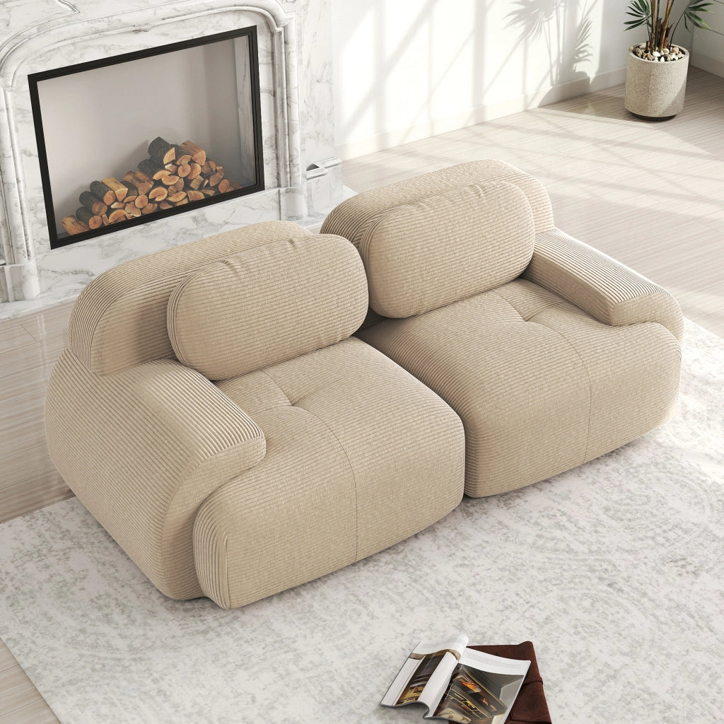 Divano angolare modulare senza telaio; schiuma 32D; braccioli curvi; tessuto a coste beige