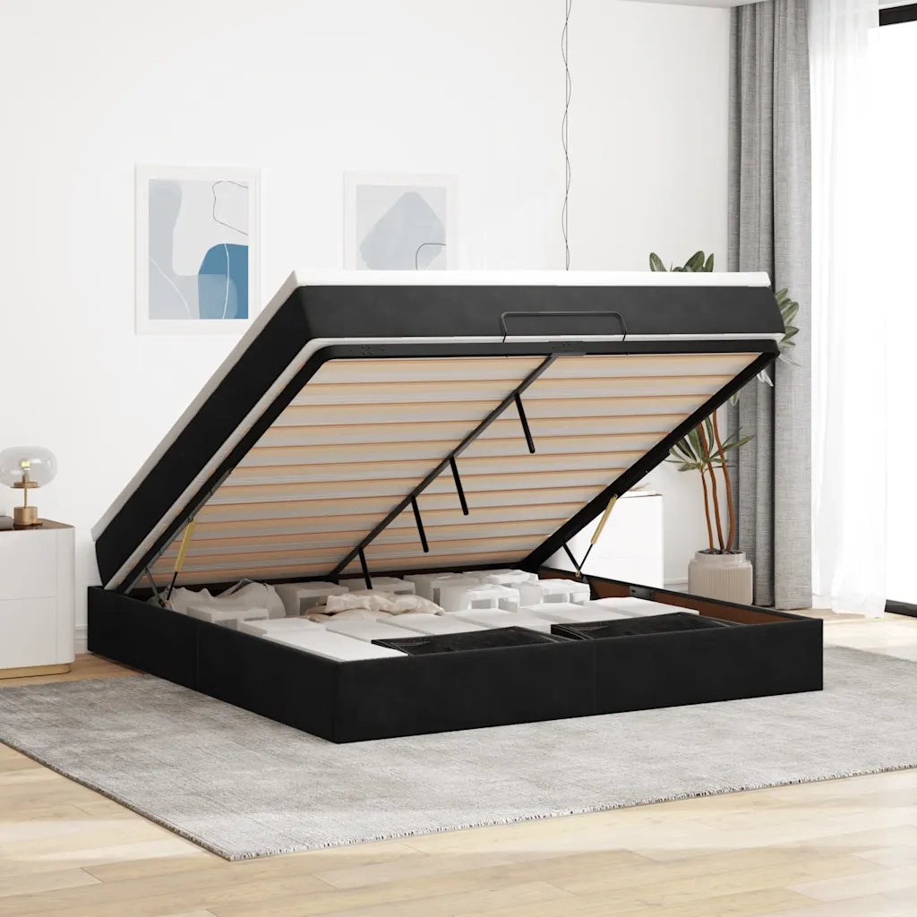 Struttura Letto Pouf con Materasso Nero 160x200 cm in Velluto