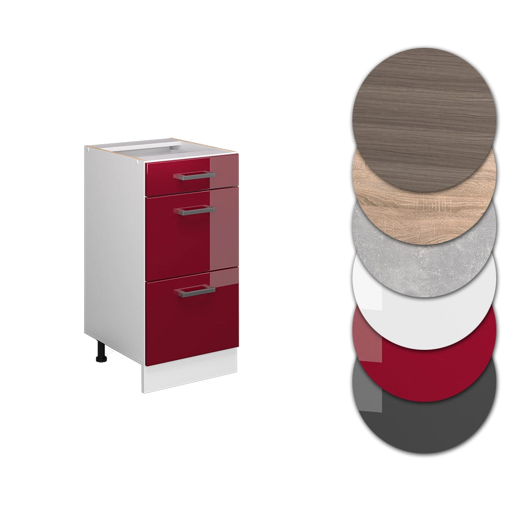 Mobiletto base per cucina R-Line Rosso lucido/Bianco 40 cm con cassetti, senza piano di lavoro Vicco