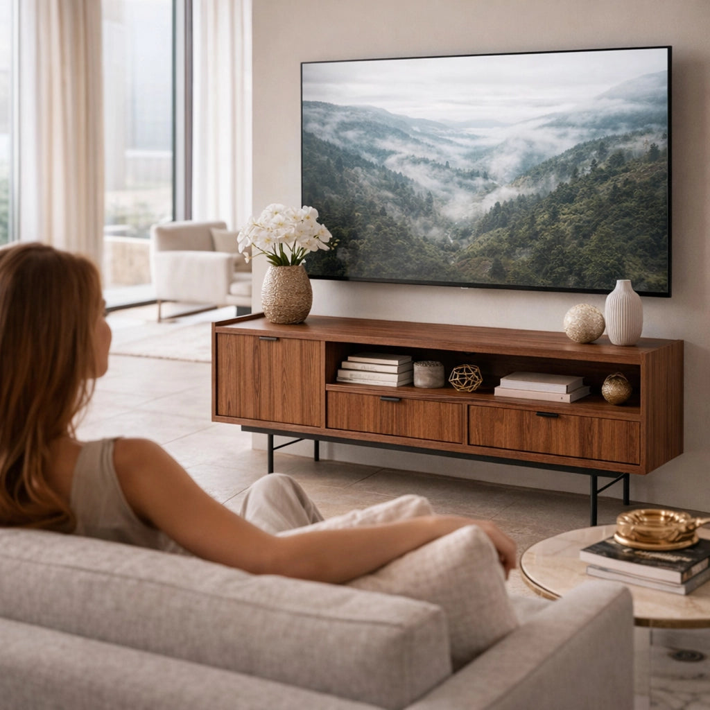 Mobile Porta TV Moderno In Melaminico 1 Anta A Ribalta 2 Cassetti Con Vano A Giorno E Passacavo Per Soggiorno Salotto Zona Living Design Contemporaneo 150 X 40 X 55 Cm Noce