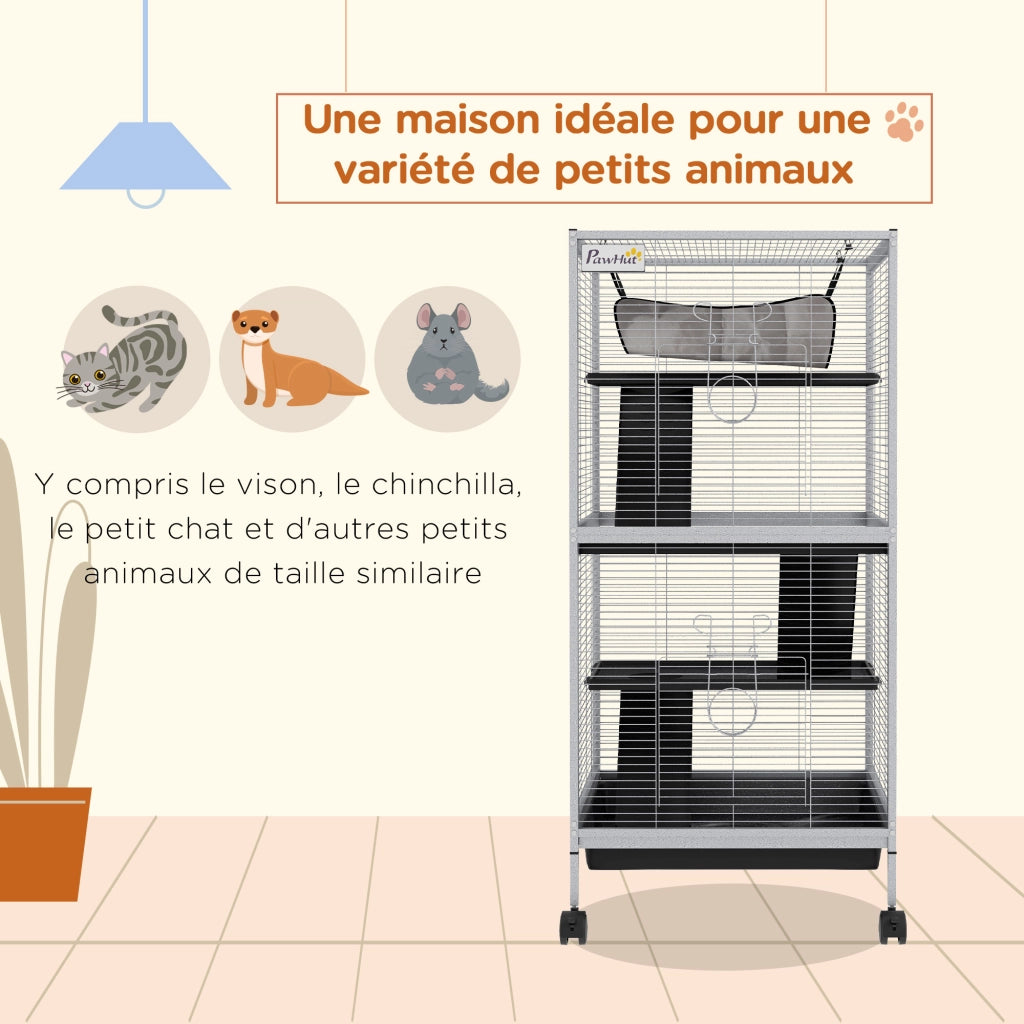 Gabbia per Piccoli Animali a 4 Livelli con Ruote ¨C Zephmum ¨C Grigio 80x50x120 cm