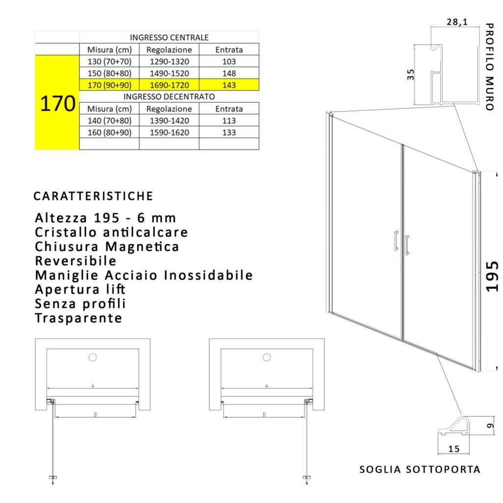 Porta doccia apertura saloon nicchia battente 6 mm h195 anticalcare salema, misura 170